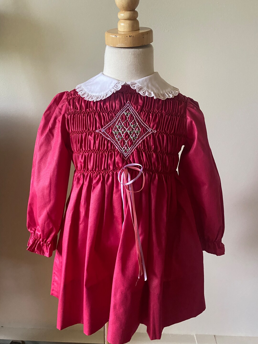 80s Vintage Polly Finders Dress: Hand Smocked Red Flower Toddler