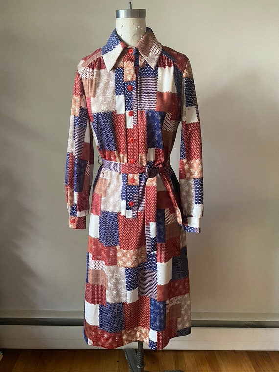 70s Vintage Womens Retro Mod Patchwork Print Dres… - image 2