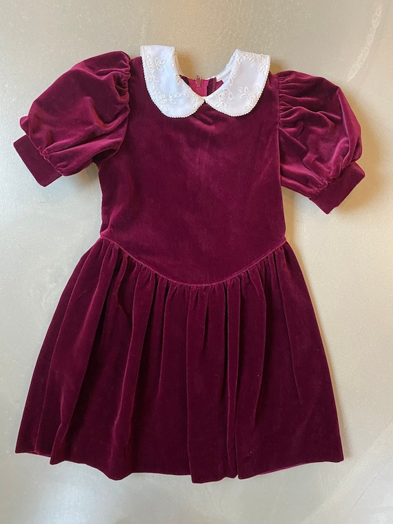 80s Vintage Kids Red Holiday Velvet Dress W/Peter… - image 1