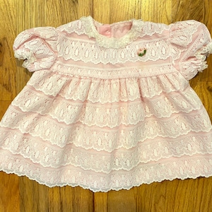 80s Vintage Pink Puff sleeve & Lace Pretty Trim Baby dress/Cute Frilly Girly Special Occasion Dress Size 3-6M by Toddle Time made in USA