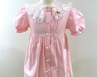 90s Vintage Pink Frilly Dress: Lace Collar Party Baby (Size 6)