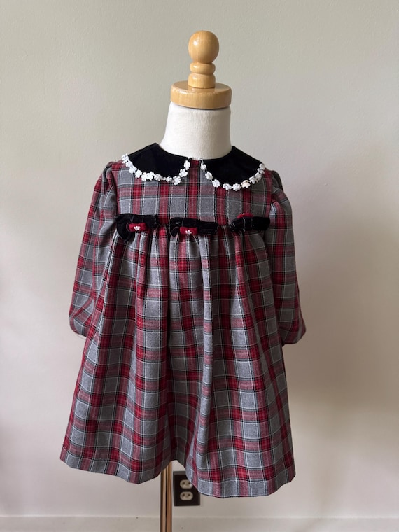 Vintage Bonnie Jean Plaid Holiday Dress, Velvet Collar (Size 2T, Made in USA)