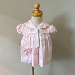 80s Vintage Baby Pink Dress/Sailor Dress/Valentines Day Baby Dress/Full Skirt Peter Pan Collar Bow/Size 9-12M Made in USA by Bryan