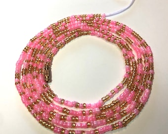 Pink & Gold-WAISTBEAD-60 inch- Waist Chain- Waist Shaper- Threaded- Authentic-Belly Beads- Body Jewelry-Dainty-With Clasp