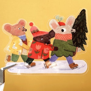 Wintermuis schaatssticker / helder transparante gestanste sticker