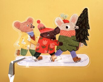 Winter mouse ice skating sticker/ clear transparent diecut sticker