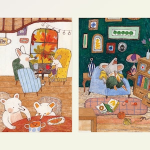 10x15 Postkarte Postkarten Dekor Set, gemütliches Café und Leseecke, 2er Set