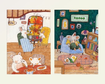 4x6 postcard postcard wall decor set, cozy cafe and reading nook, set of 2