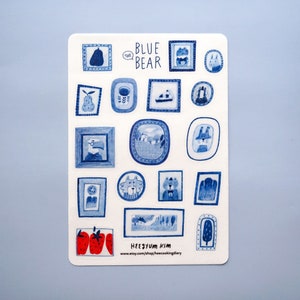 Hoja de pegatinas transparentes y brillantes de Blue the Bear, tamaño A6: Bullet Journal, hoja de pegatinas para planificador, pegatinas azules