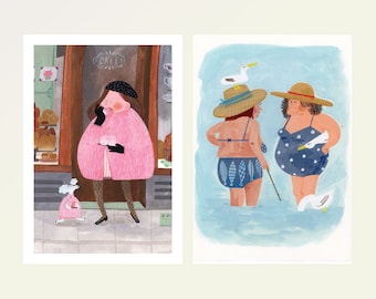 4x6 postcard postcard wall decor set, Cup Cake Lady in Pink & Perfect Beach Body, set of 2
