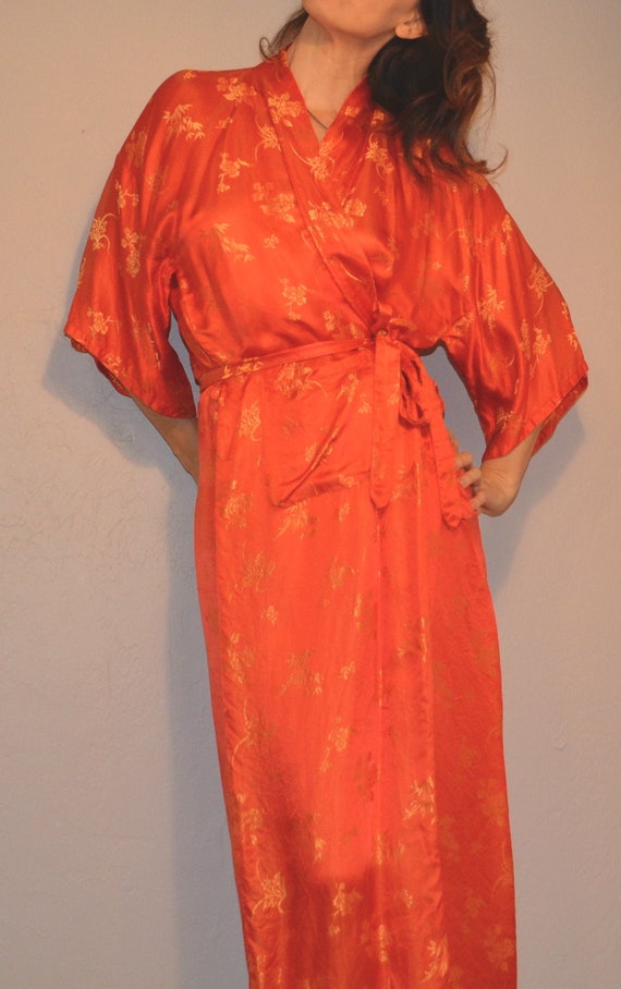 Orange Silk Oriental Robe Dual-tone Long Women's V