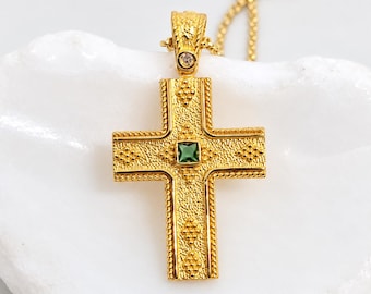 Gold 14K Byzantine Cross Pendant with Natural Zircon - Religious Necklace For Woman - Faith Jewelry
