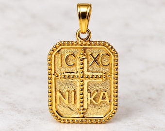 14K Gold Byzantine Coin Pendant: Greek Orthodox Constantinato Necklace , ICXC Ancient Religious Charm