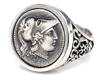 Athena Coin Signet Ring - Ancient Greek Sterling Silver 925 Statement Gift, Oxidized Unisex Jewelry