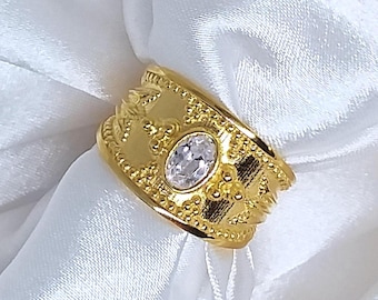K18 Gold-Plated Sterling Silver 925 Byzantine Ring with White Gemstone