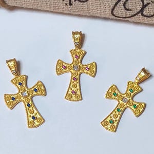 Greek Byzantine Cross Pendant 14K/First Communion Solid Gold Multy-colour Handmade Women Etruscan Religius Charm/Ancient Medieval Jewelry