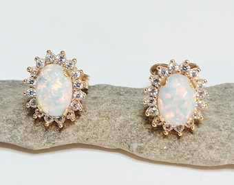 14K Gold White Opal & Sapphire Stad Earrings: Bridal Vintage Style Fine Jewelry Real Gold