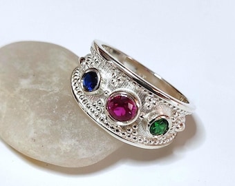 Byzantine Silver 925 Ring: Multicolor Gemstone Artisan Jewelry