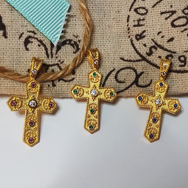 Pendentif croix byzantine grecque 14K/première communion en or massif multicolore fait main pour femmes breloque religieux étrusque/bijoux médiévaux anciens