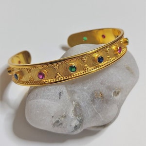 Greek Byzantine Cuff Bracelet K18 Gold-plated Silver 925 and multy-colour Gem stones/Traditional Artisan Jewelry/Roman Etruscan Vintage Gift