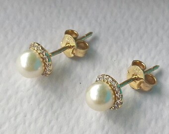 14K Gold Pearl Stud Round Earrings 8mm, White Sapphire Halo, Wedding Fine Jewelry