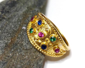 Greek Byzantine Ring 18K Gold-plated Silver 925 & multy-colour Gem stones/Etruscan Vintage style Ring/Ancient Greek Souvenir/Roman Jewelry