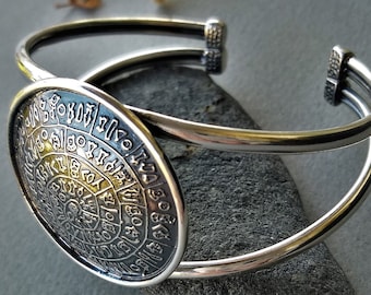 Chunky Phaistos Disk Cuff Bracelet Silver 925/Woman Crete Minoan Signet Souvenir Bangle/Big 7 day Ancient Greek Coin Bracelet/Greek Jewelry