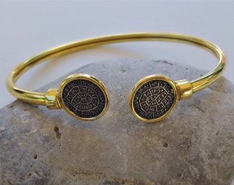 Phaistos Disk Cuff Coin Bracelet Silver 925 Goldplated/Minoan Ancient Greek Mythology Souvenir Signet Bangle/7 day or Formal Jewel for Women