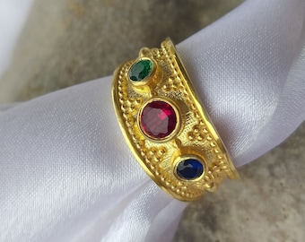 Greek Byzantine Ring K18 Gold-plated Silver 925 with Gemstones, Etruscan Medieval Roman Vintage Gift