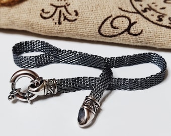 Sterling Silver Bismark Chain Bracelet, Flat Dainty Oxidized Vintage Collar, Unisex Braided Mesh Jewelry