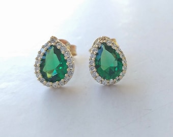 14K Gold Teardrop Green Sapphire Earrings, White Sapphire Halo, Fine Wedding Jewelry