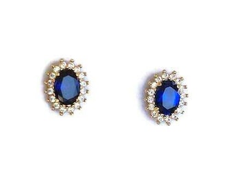 14K Gold Sapphire Royal Blue Halo Stud Earrings, Oval Navy Wedding Jewelry