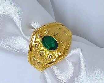 K18 Gold-Plated Silver 925 Ring: Green Emerald Byzantine Jewelry, Medieval Roman Gift
