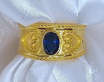 Byzantine Ring: K18 Gold-Plated Silver 925, Royal Blue Zirconia, Etruscan Medieval Roman Vintage Gift