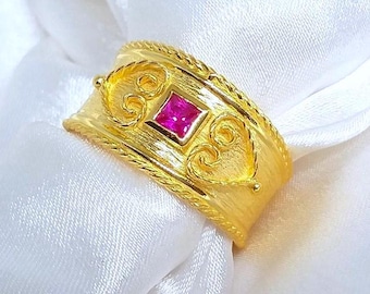 Byzantine 18K Goldplated Silver 925 Ring, Ancient Greek Filigree Wide Band Pink Ruby stone