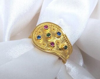 Byzantine Ring: 18K Gold-Plated Silver 925 with Multy-colored Gemstones