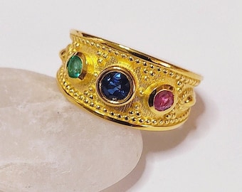 Gold-Plated Byzantine Ring: Sterling Silver 925, Gemstone Accents