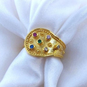 Gold-Plated Byzantine Ring: Sterling Silver 925 with Gemstones, Roman Etruscan Jewelry