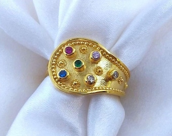 Gold-Plated Byzantine Ring: Sterling Silver 925 with Gemstones, Roman Etruscan Jewelry