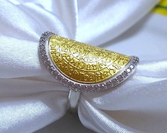 Phaistos Disk Ring Silver 925 Gold plated & White sapphire gem stone/Statement Ancient Greek Crete Mythology Souvenir/Women Signet Jewel