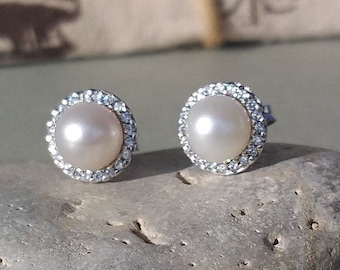 14K White Gold Pearl Stud Earrings with White Sapphires 8mm, Wedding Jewelry