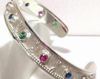 Byzantine Sterling Silver 925 Cuff Bracelet with Multi-colored Stones, Statement Vintage style Greek Jewelry