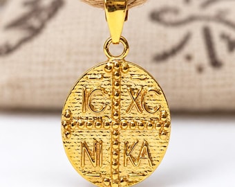 Solid 14K Gold Constantine Coin Pendant: Byzantine Orthodox Protection Charm Necklace