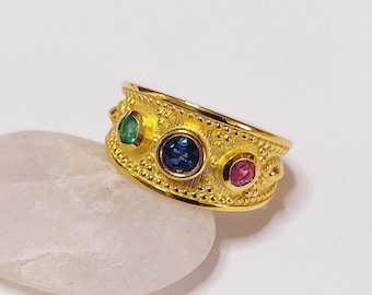 Greek Byzantine Ring K18 Gold-plated Silver 925 and multy-colour Gem stones/Traditional Artisan Jewelry/Etruscan Medieval Roman Vintage Gift