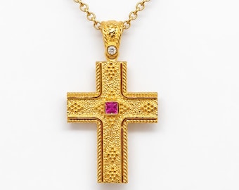 Gold 14K Byzantine Cross Pendant with Natural Zircon - Religious Necklace For Woman - Statement Jewelry