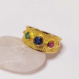 Greek Byzantine Ring K18 Gold-plated Silver 925 and multy-colour Gem stones/Traditional Artisan Jewelry/Etruscan Medieval Roman Vintage Gift