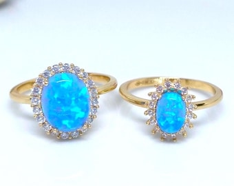 14K Solid Gold Blue Opal Ring: White Sapphire Halo, October Birthstone, Fine Wedding Band