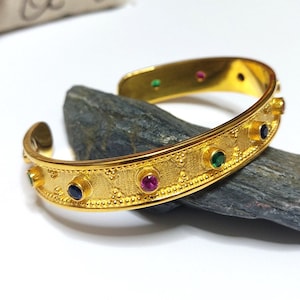 Fine Byzantine Cuff Bracelet K18 Gold-plated Silver 925 and multy-colour Gem stones/Traditional Artisan Jewelry/Roman Etruscan Vintage Gift