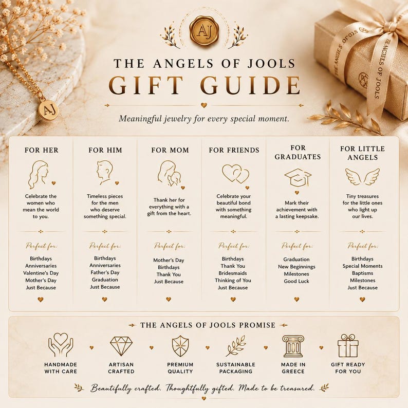 May include: A beige gift guide infographic titled The Angels of Jools Gift Guide with gold text and icons. It features categories for her, him, mom, friends, graduates, and little angels, plus a promise section detailing handmade, artisan, and quality.