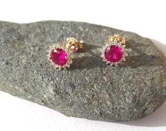14K Gold Red Round Sapphire Halo Stud Earrings 8mm, Fine Jewelry Made in Greece
